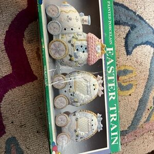 Easter Train Painted Porcelain Figurine Set - Pastel Pink, Yellow, Blue